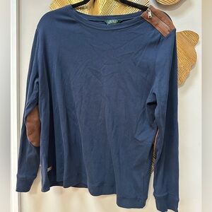 Lauren Ralph Lauren Navy Blue Long Sleeve Shirt Brown Suede Elbow Patches 1X